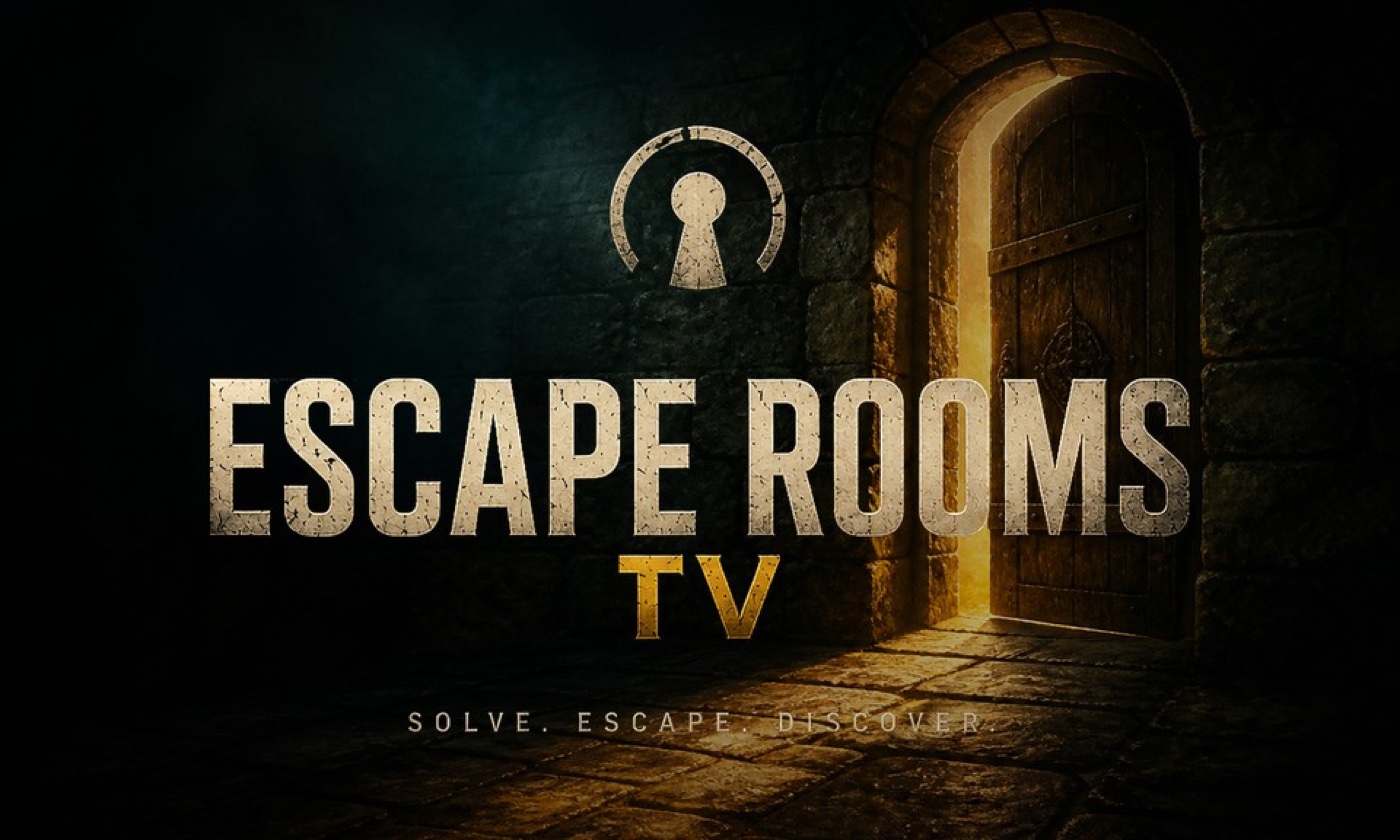 Escape Rooms TV: a keyhole emblem above a dungeon door standing ajar, light spilling through
