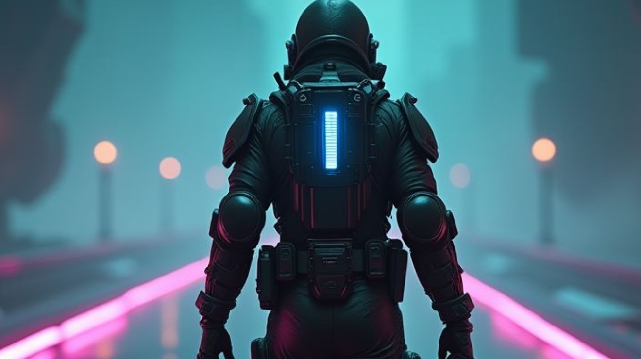 An armoured figure with a glowing lantern walks down a neon-lit corridor